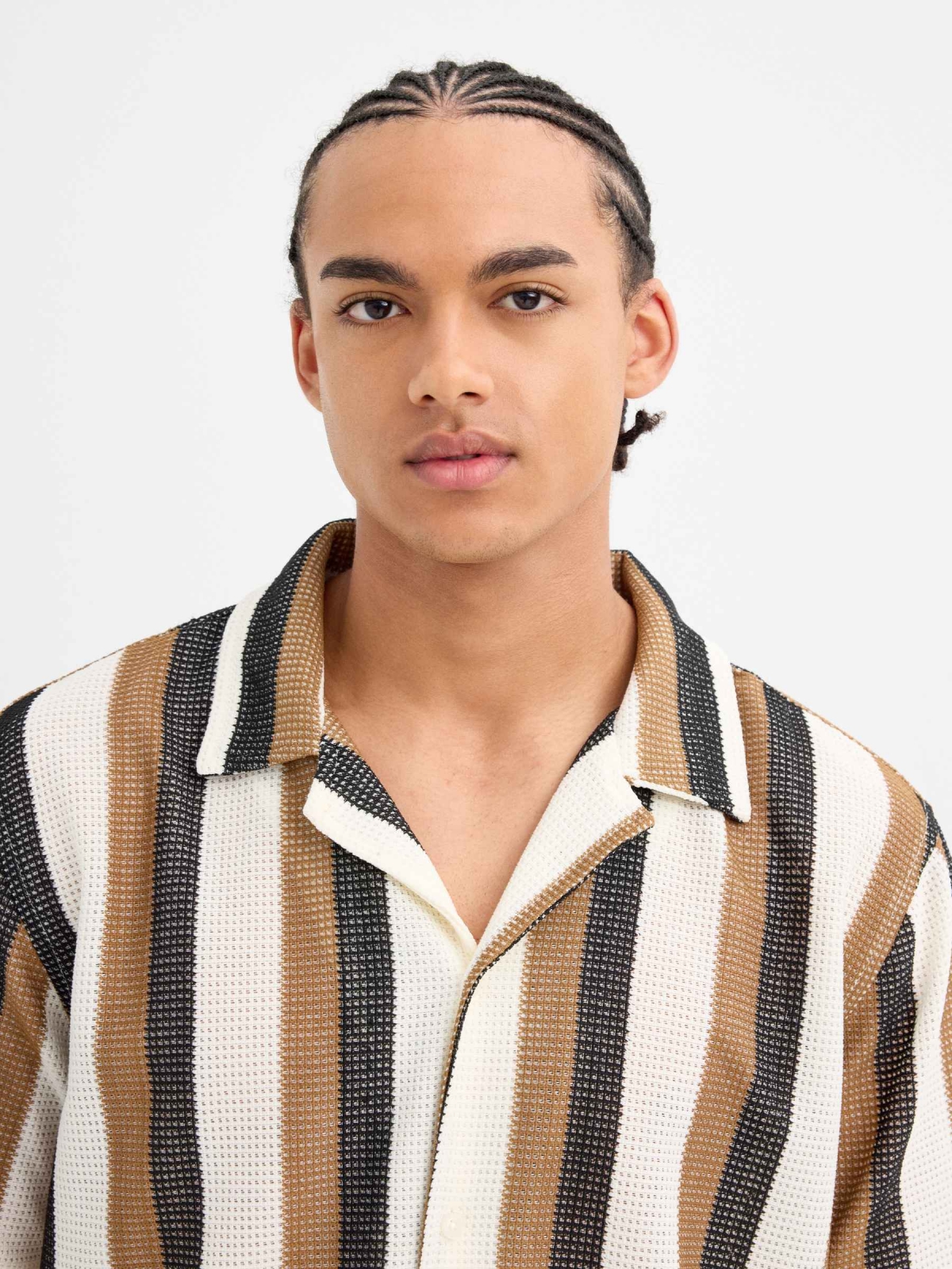 Short sleeve striped knit shirt raw front view