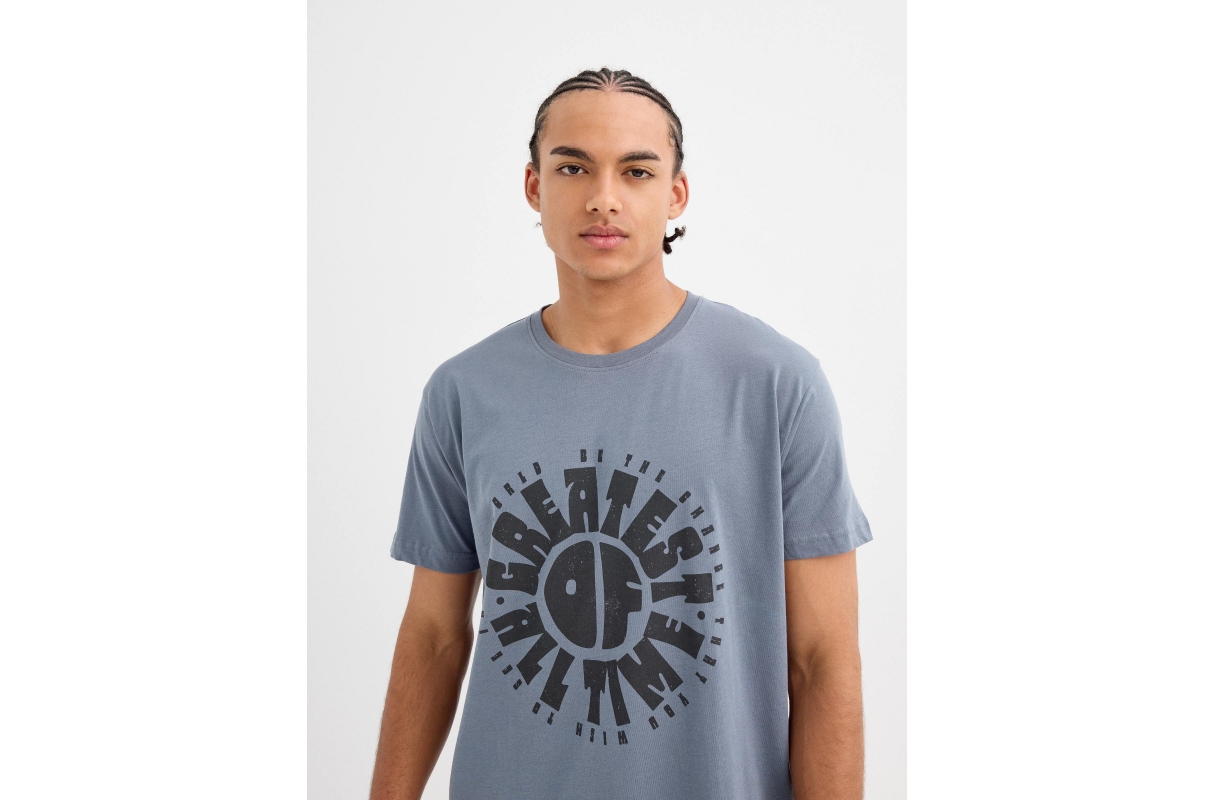 T-shirt printed text blue middle front view
