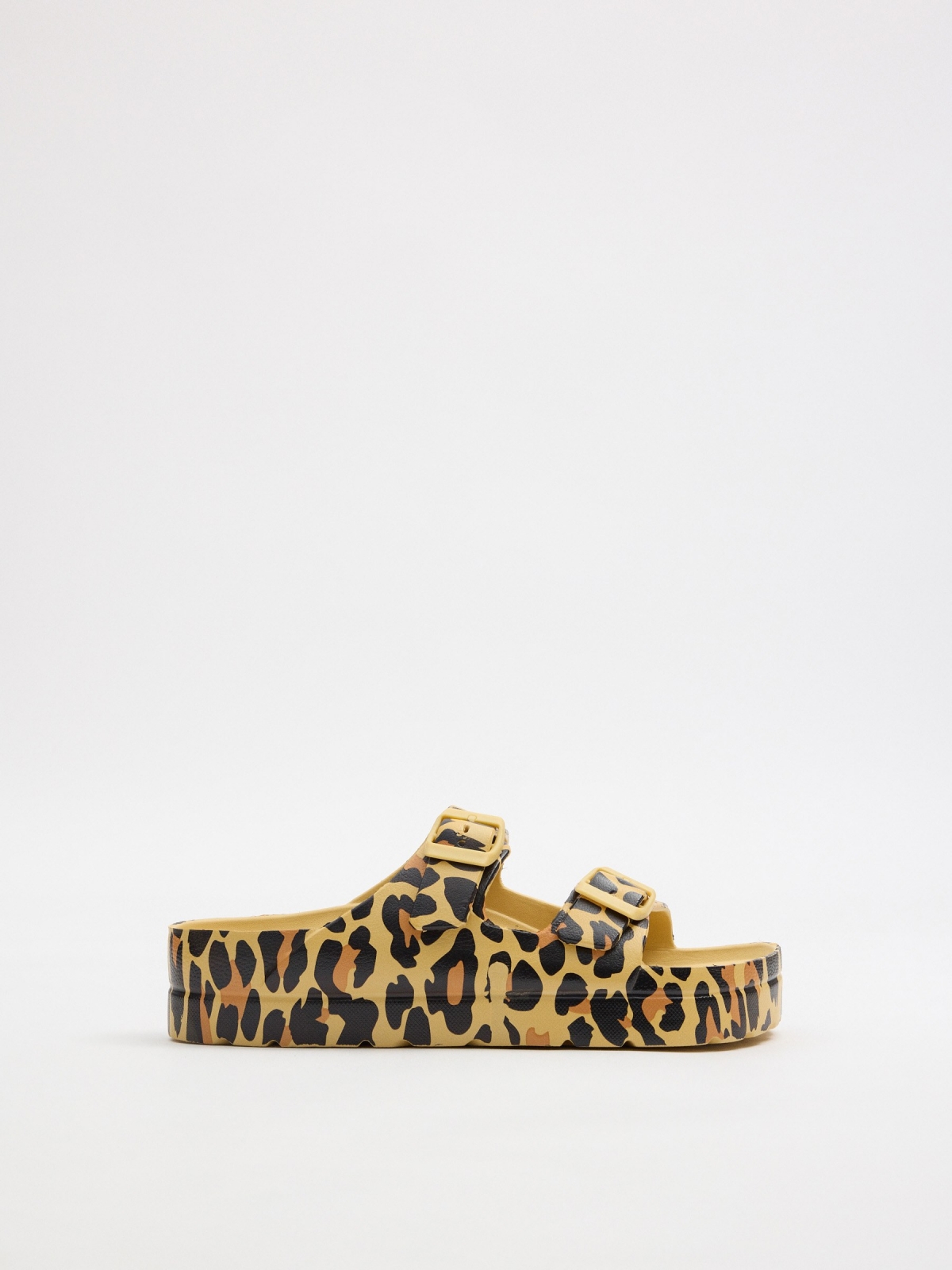 Chinelo plataforma com fivela dupla estampo animal preto vista superior