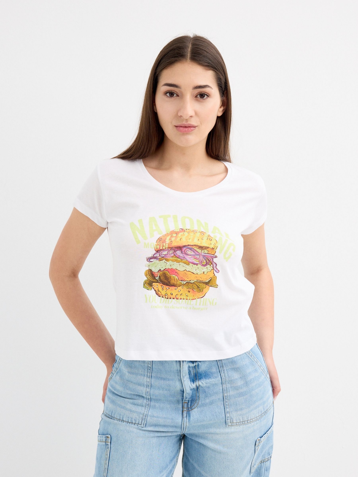 Burger print crop top white middle front view