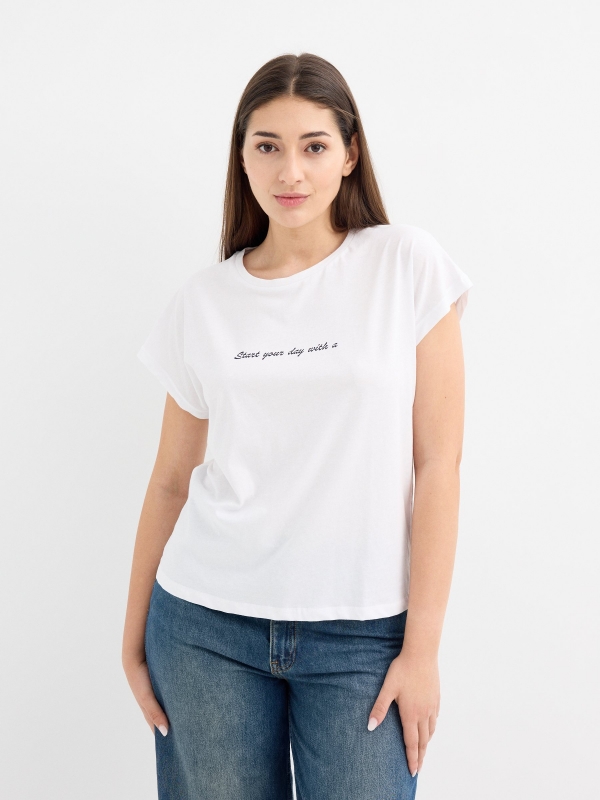 Croissant print crop top shirt white middle front view