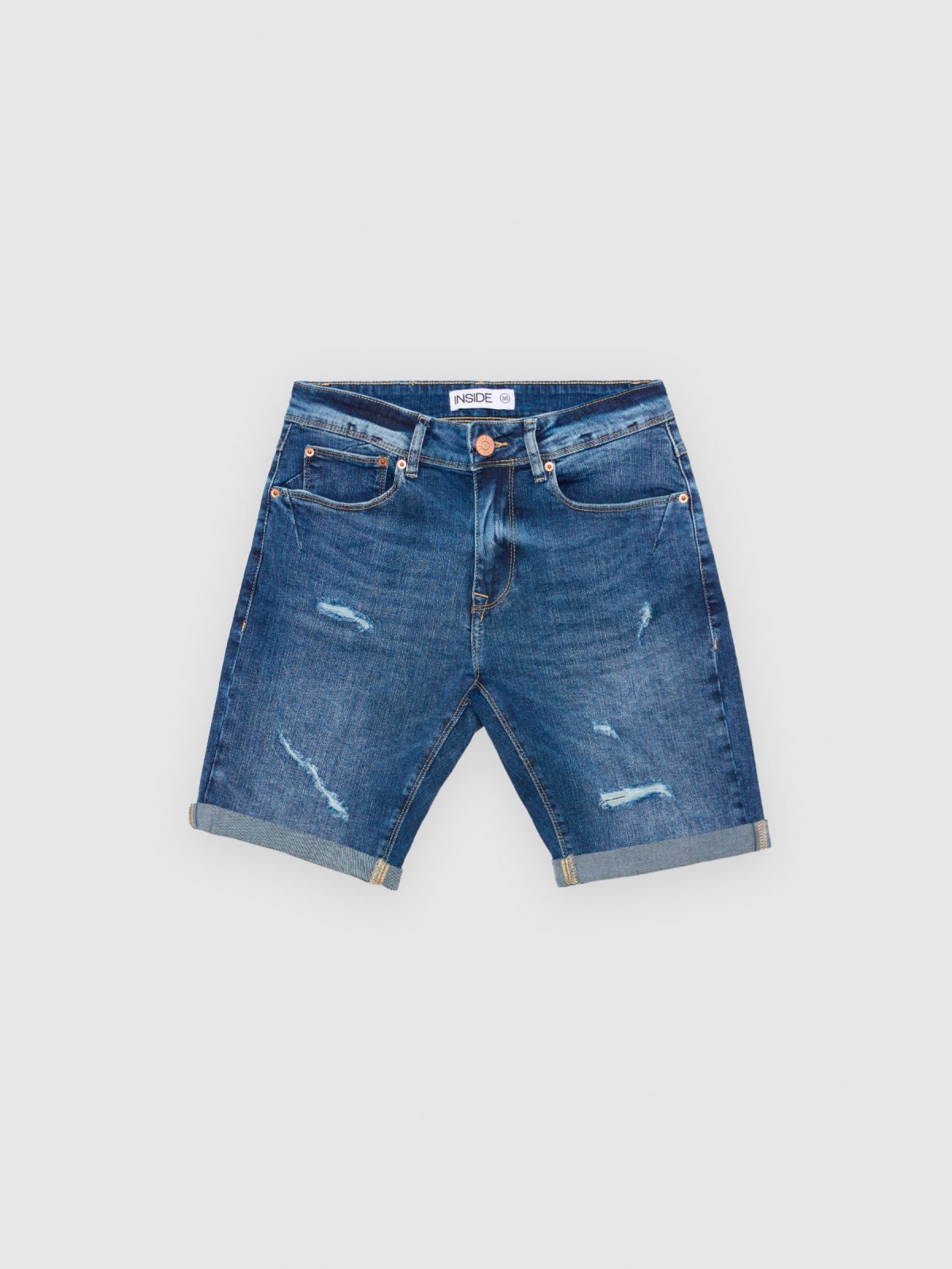  Frayed ripped denim Bermuda shorts blue front view