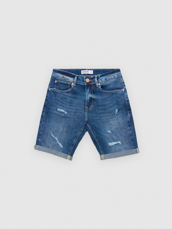 Frayed ripped denim Bermuda shorts blue front view