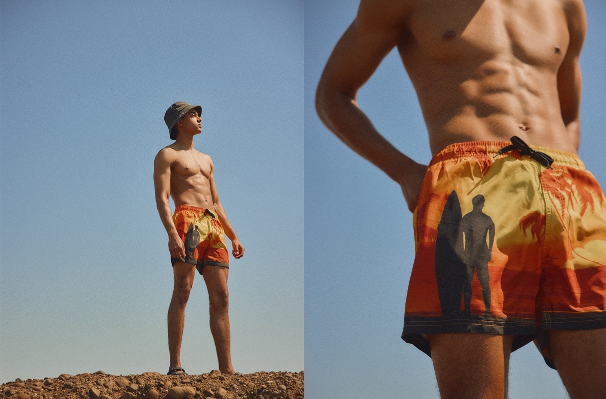 Surf print swimsuit black middle front view
