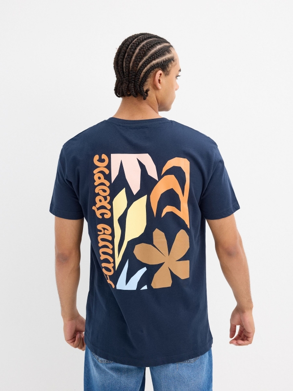 Tropical print t-shirt navy middle back view