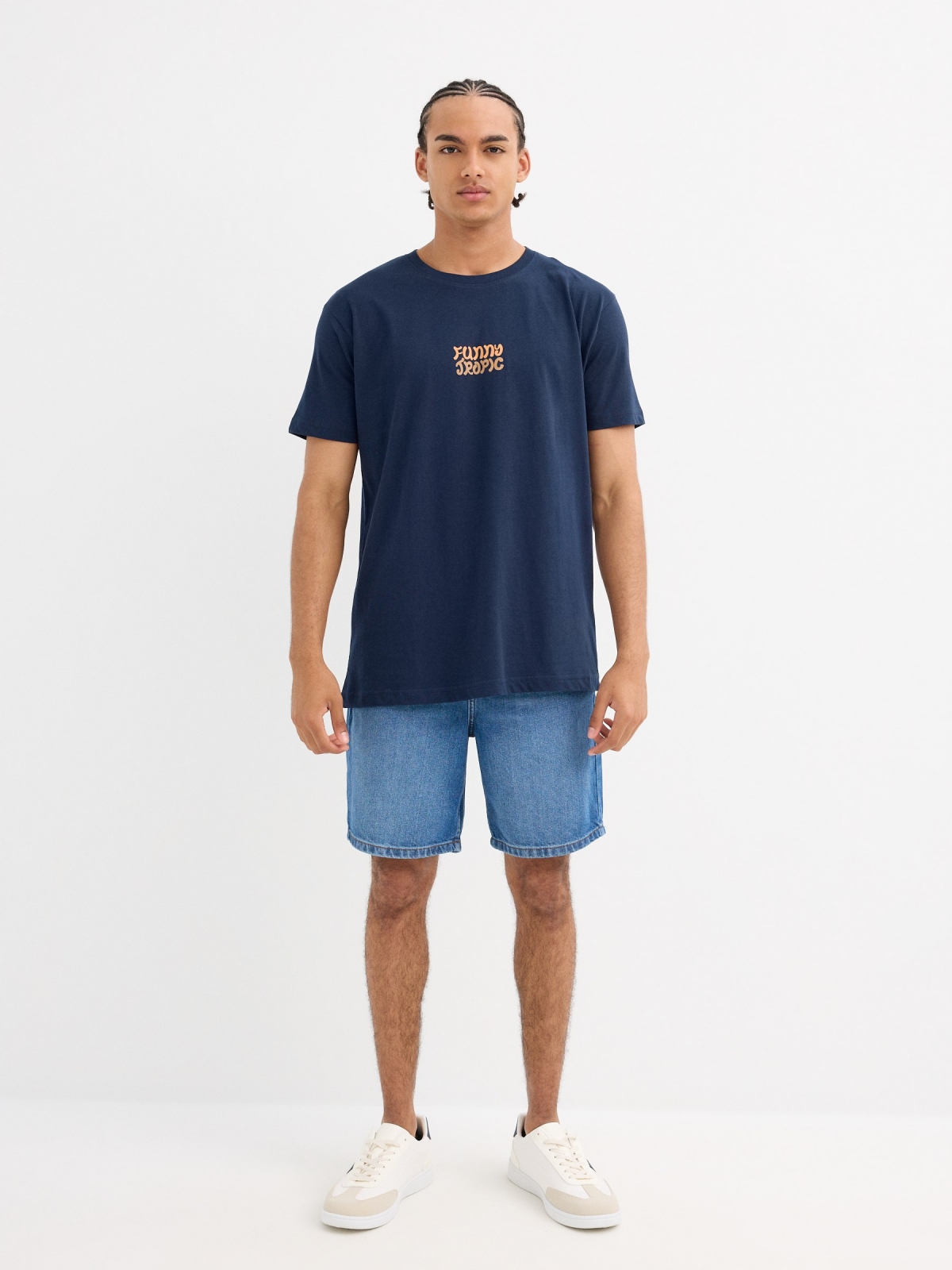 Tropical print t-shirt navy front view