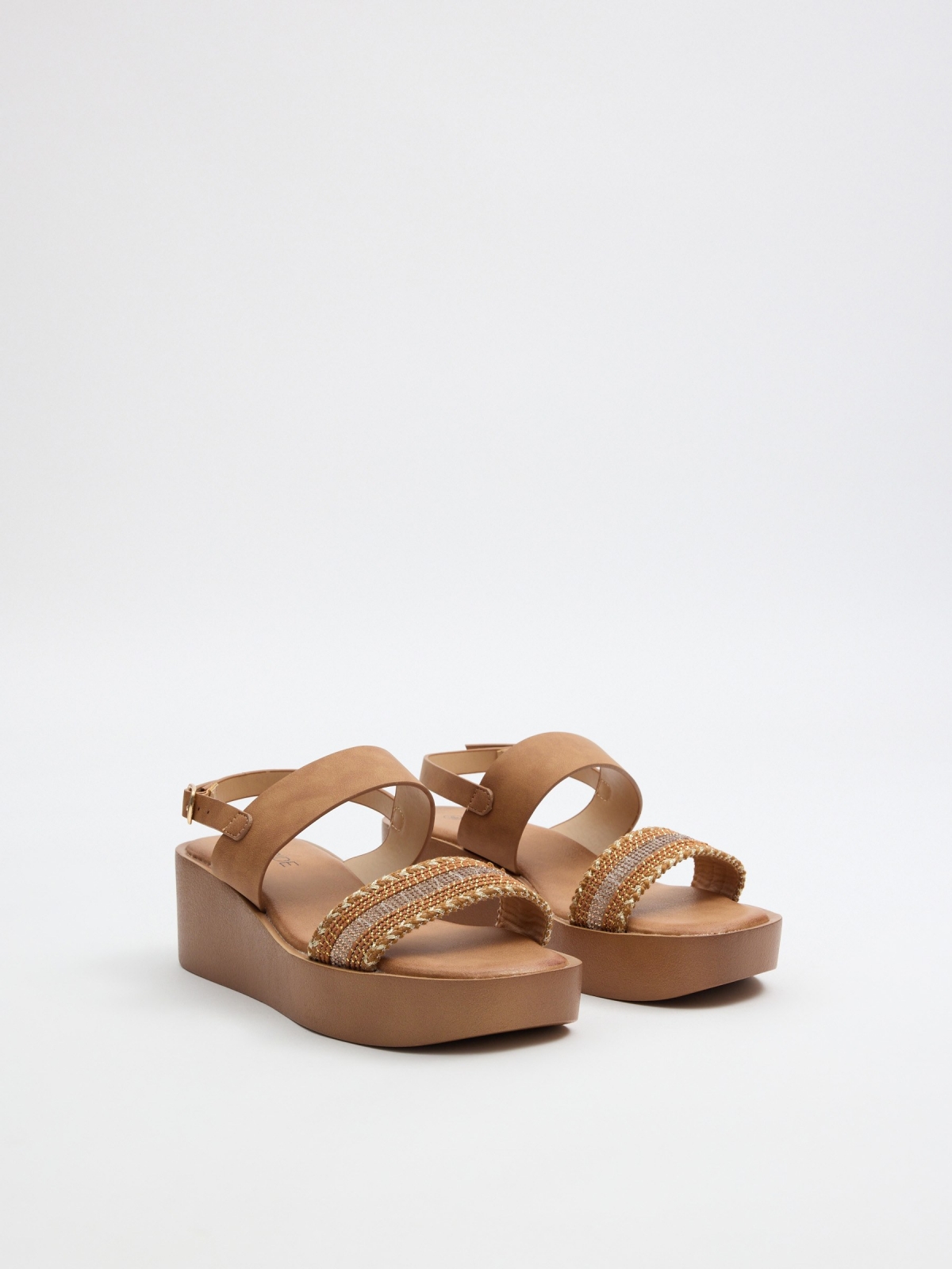 Platform sandal with glitter strap light brown 45º front view