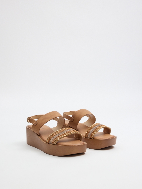 Platform sandal with glitter strap light brown 45º front view