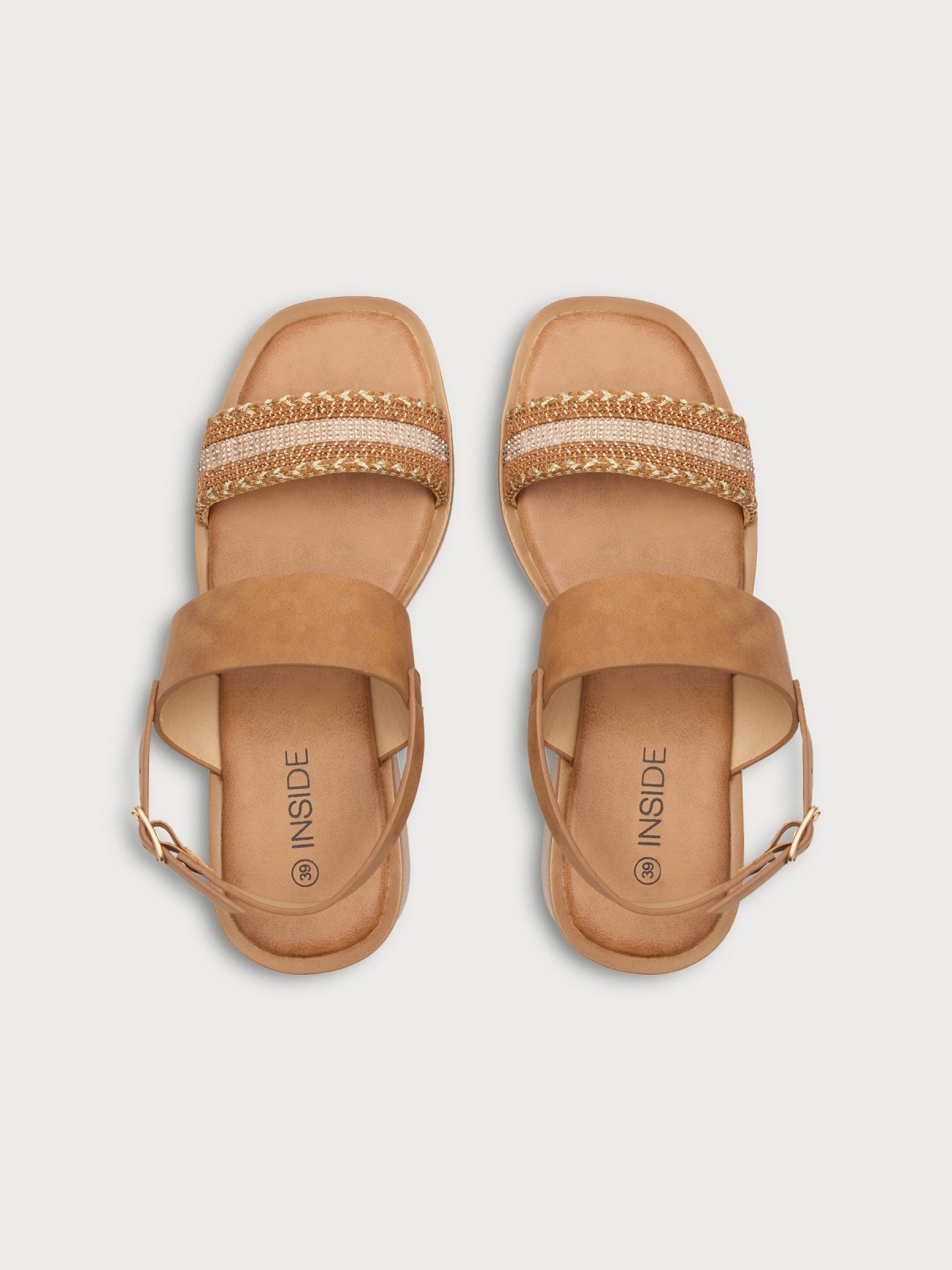 Platform sandal with glitter strap light brown 45º back view