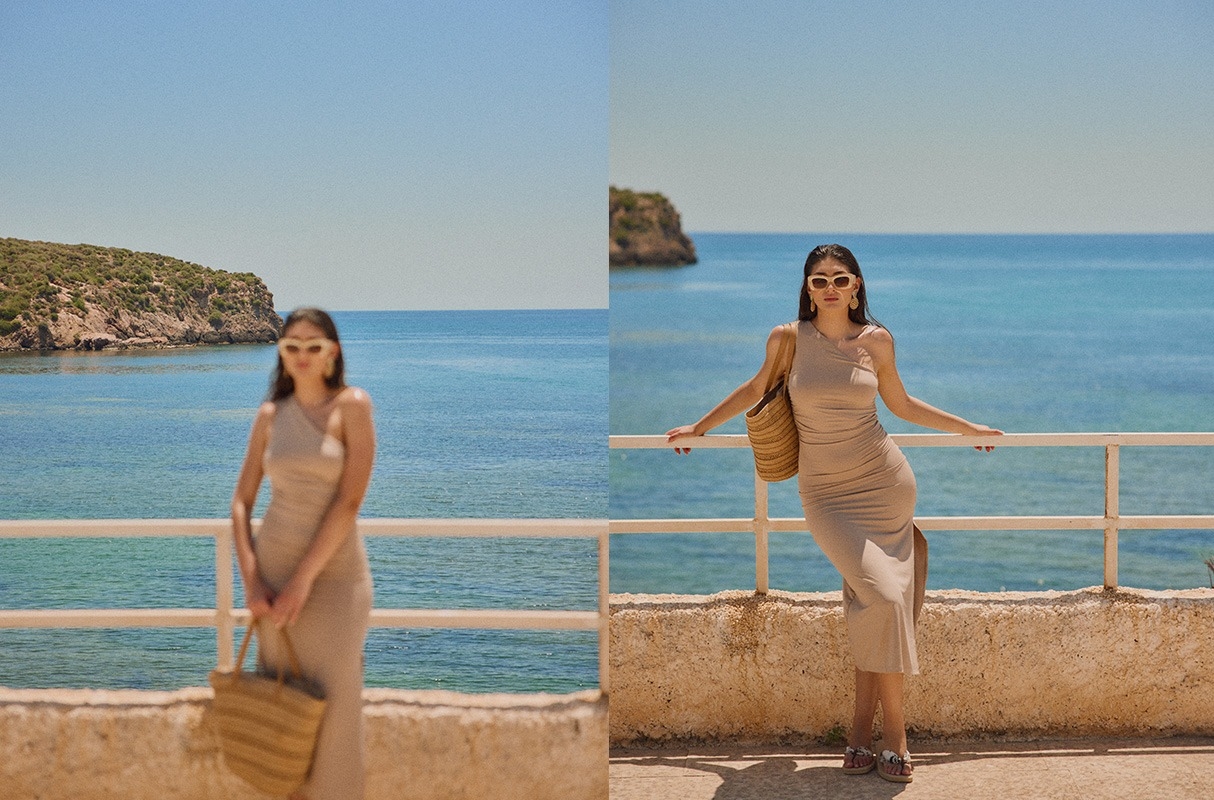 Asymmetric ruched maxi dress taupe middle front view