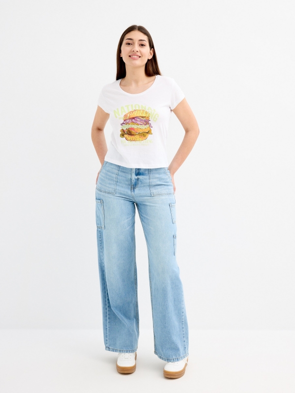 Burger print crop top white front view