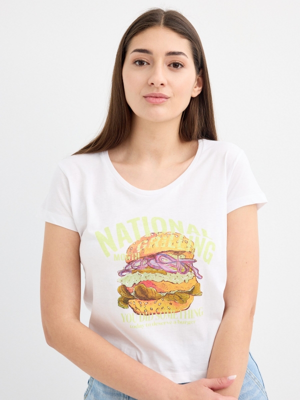 Burger print crop top white front view