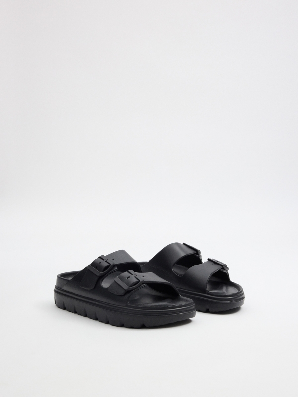 Chinelo plataforma com fivela dupla preta preto vista frontal 45º