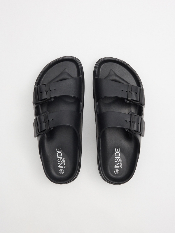 Chinelo plataforma com fivela dupla preta preto vista traseira 45º