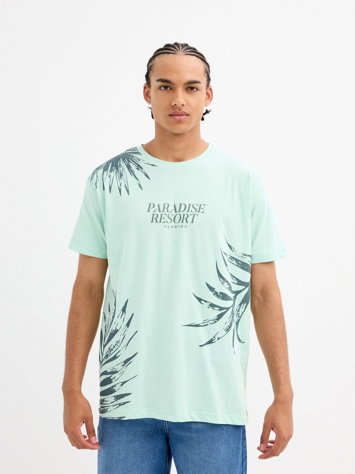 Paradise print t-shirt sea green middle front view