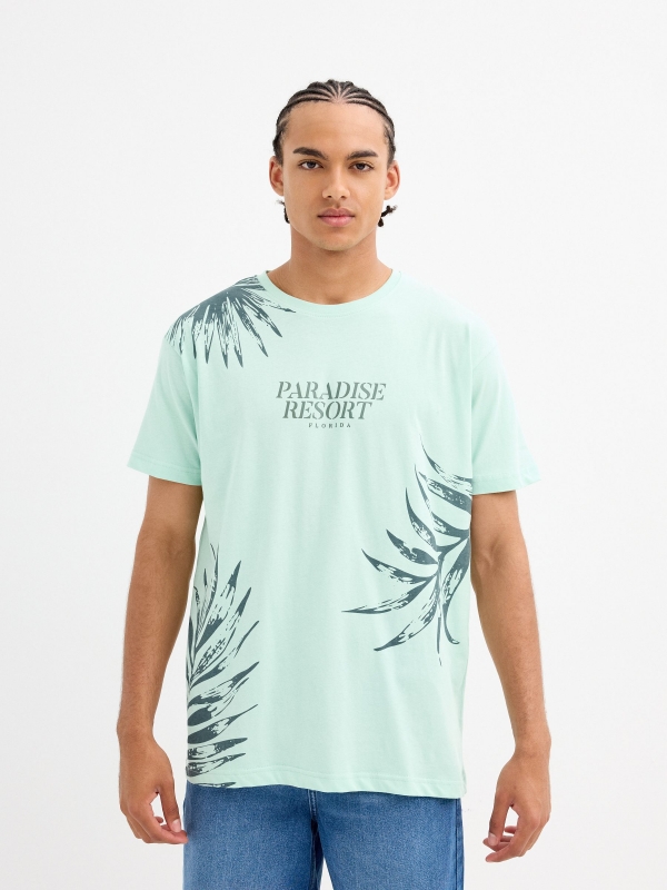 Paradise print t-shirt sea green middle front view