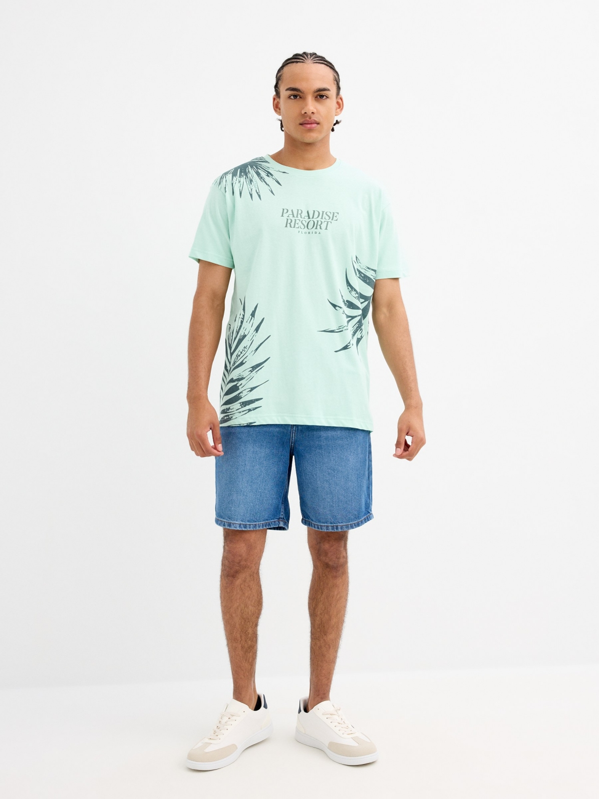 Paradise print t-shirt sea green front view