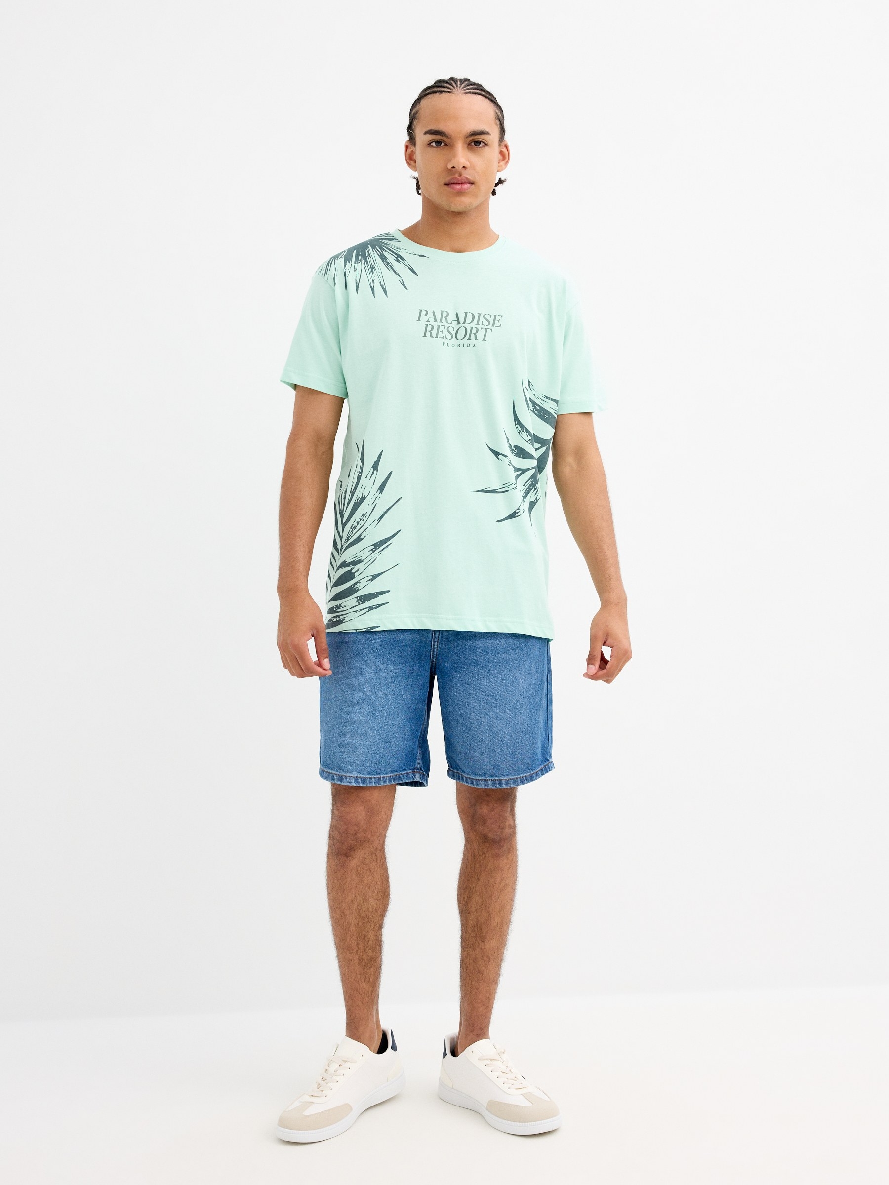 Camiseta estampado paradise verde mar vista media frontal