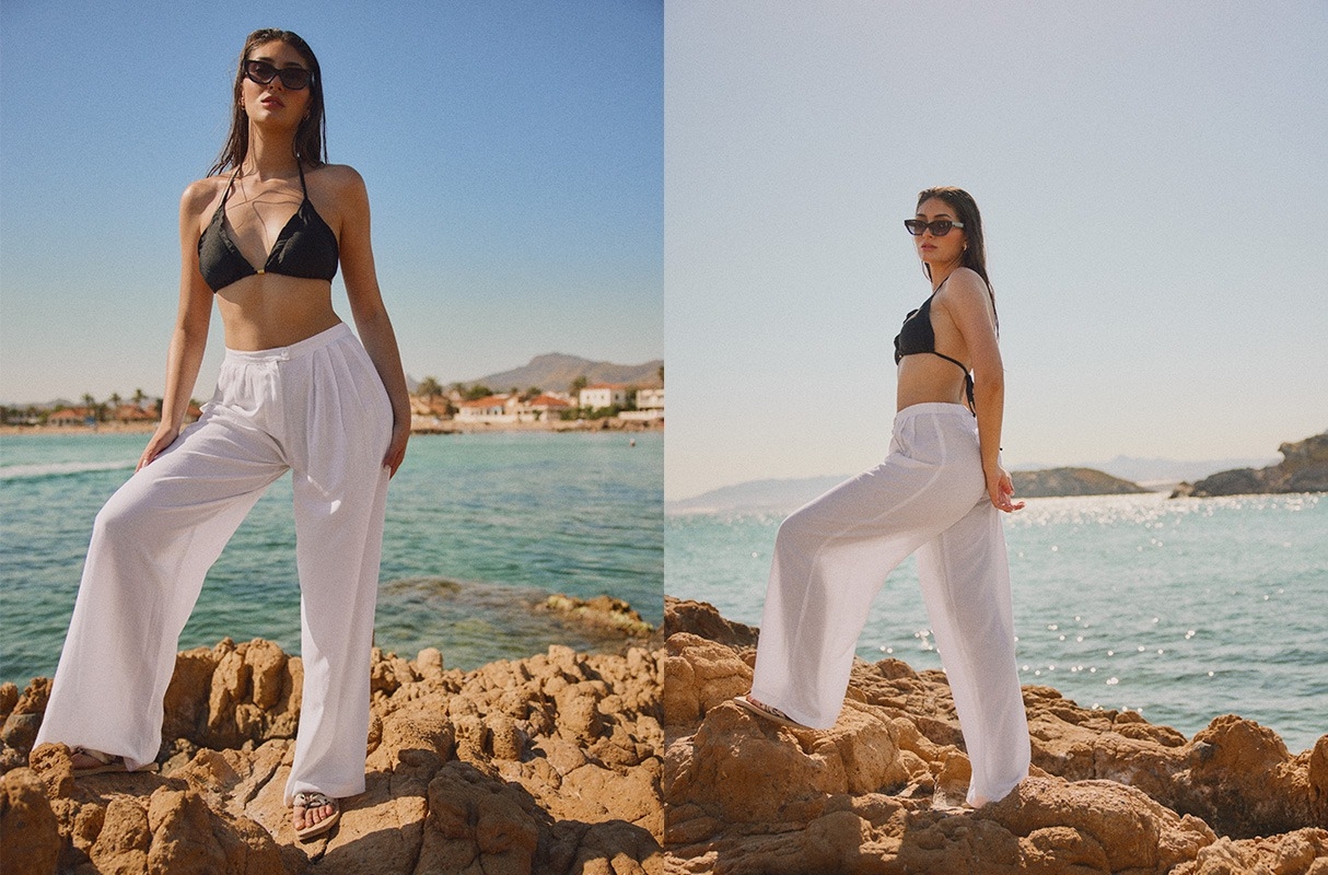 Calça fluida com linho branco vista geral frontal