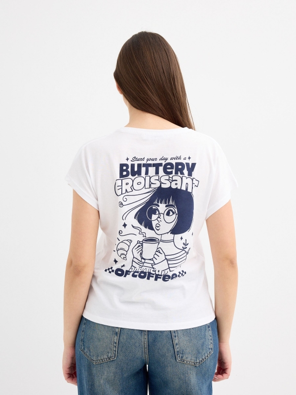 Croissant print crop top shirt white middle back view