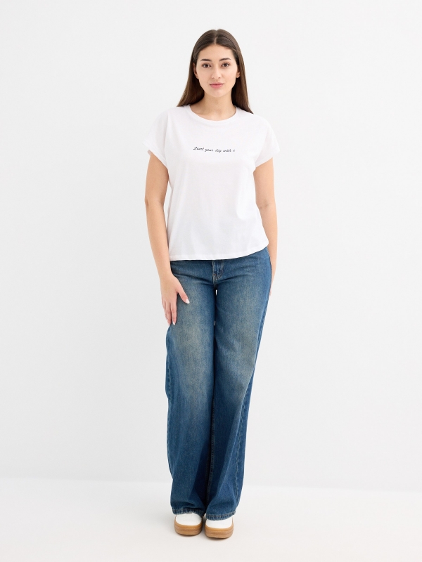 Croissant print crop top shirt white front view