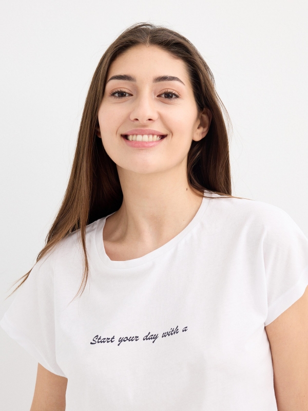 Croissant print crop top shirt white front view