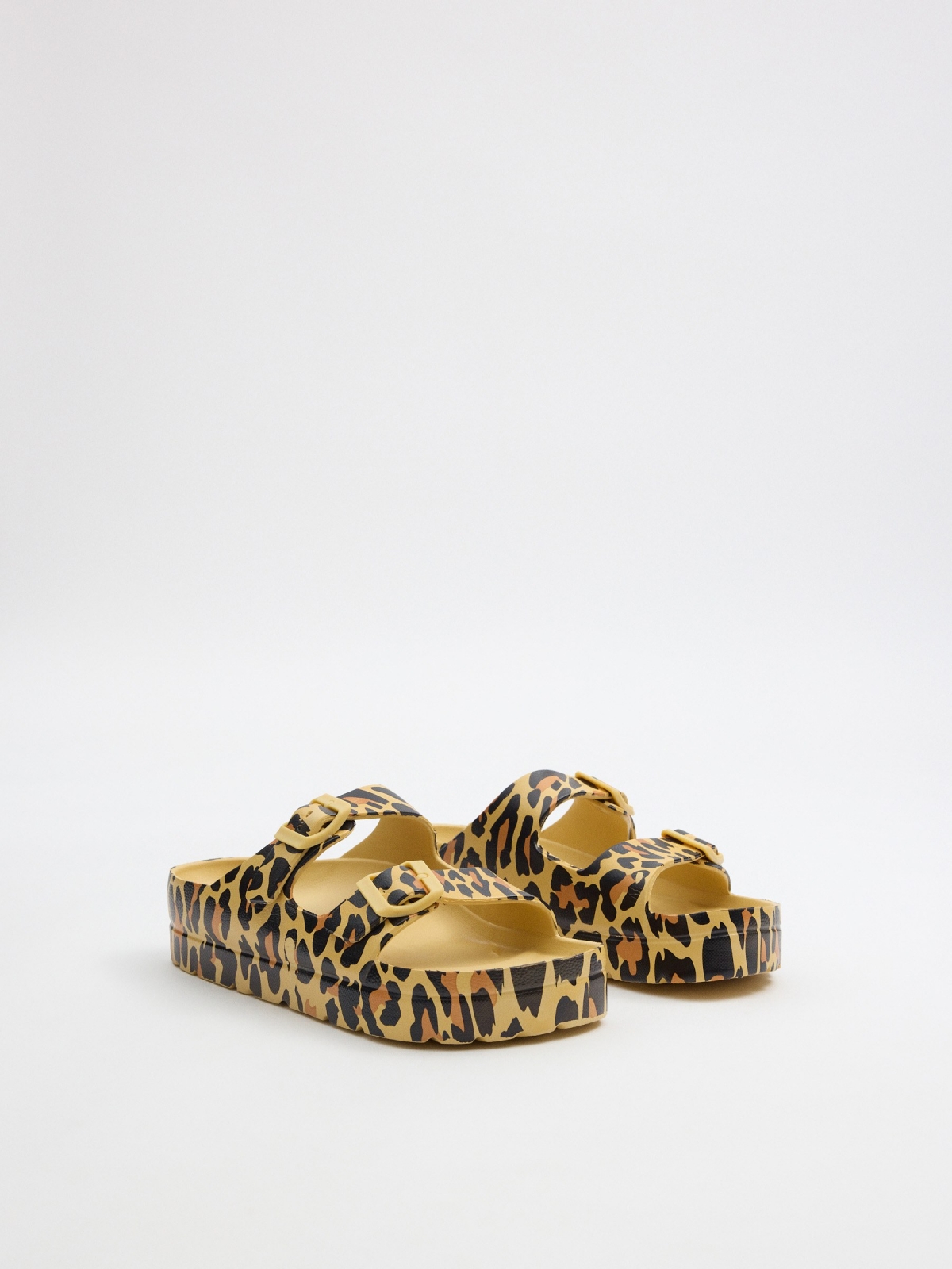 Platform sandal with double animal print buckle black 45º front view
