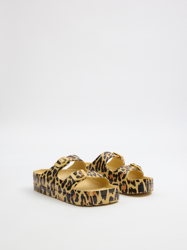 Platform sandal with double animal print buckle black 45º front view