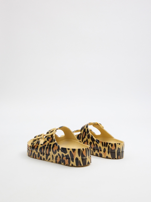 Platform sandal with double animal print buckle black 45º back view