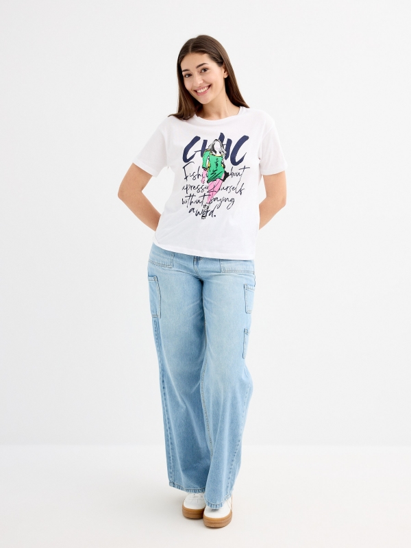 Camiseta estampada chique branco vista geral frontal