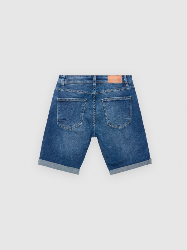Frayed ripped denim Bermuda shorts blue back view