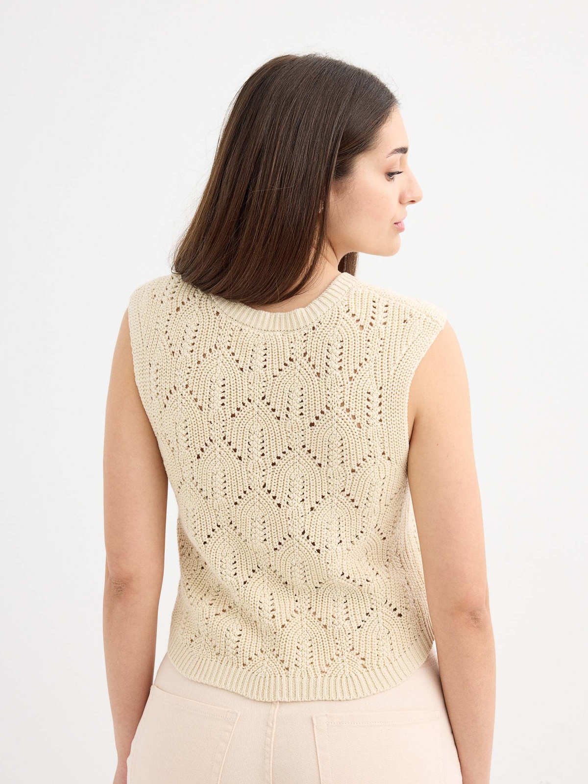 Sleeveless crochet body sand middle back view