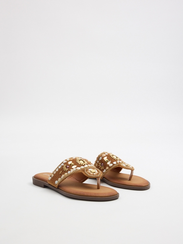 Gladiator sandal with gemstones light brown 45º front view
