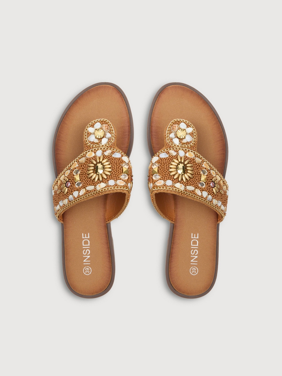 Gladiator sandal with gemstones light brown 45º back view