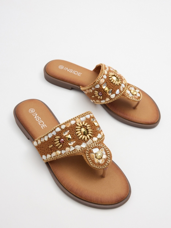 Gladiator sandal with gemstones light brown detail view