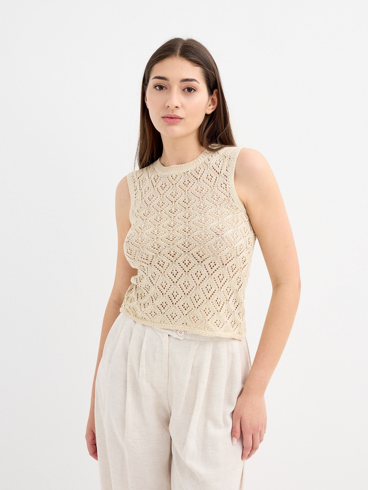 Metallic crochet sleeveless top sand middle front view