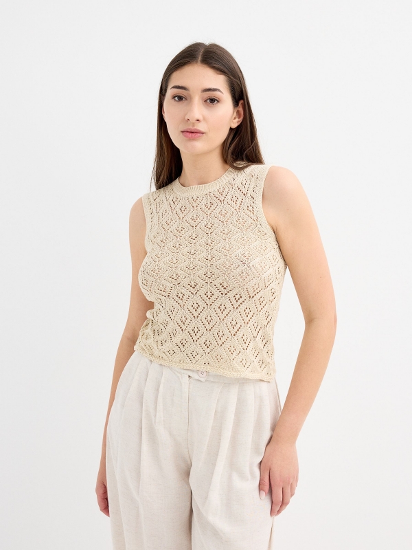 Metallic crochet sleeveless top sand middle front view
