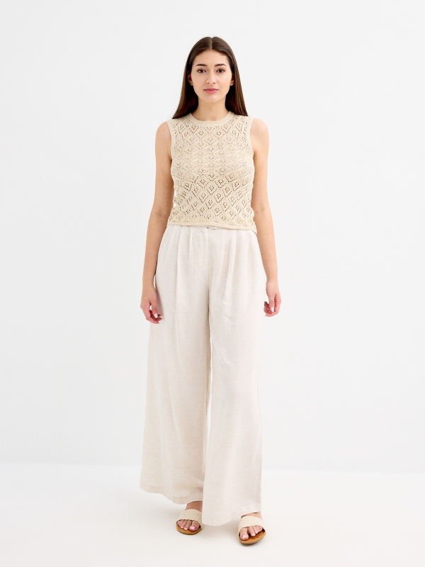 Metallic crochet sleeveless top sand front view