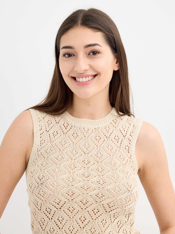 Metallic crochet sleeveless top sand detail view