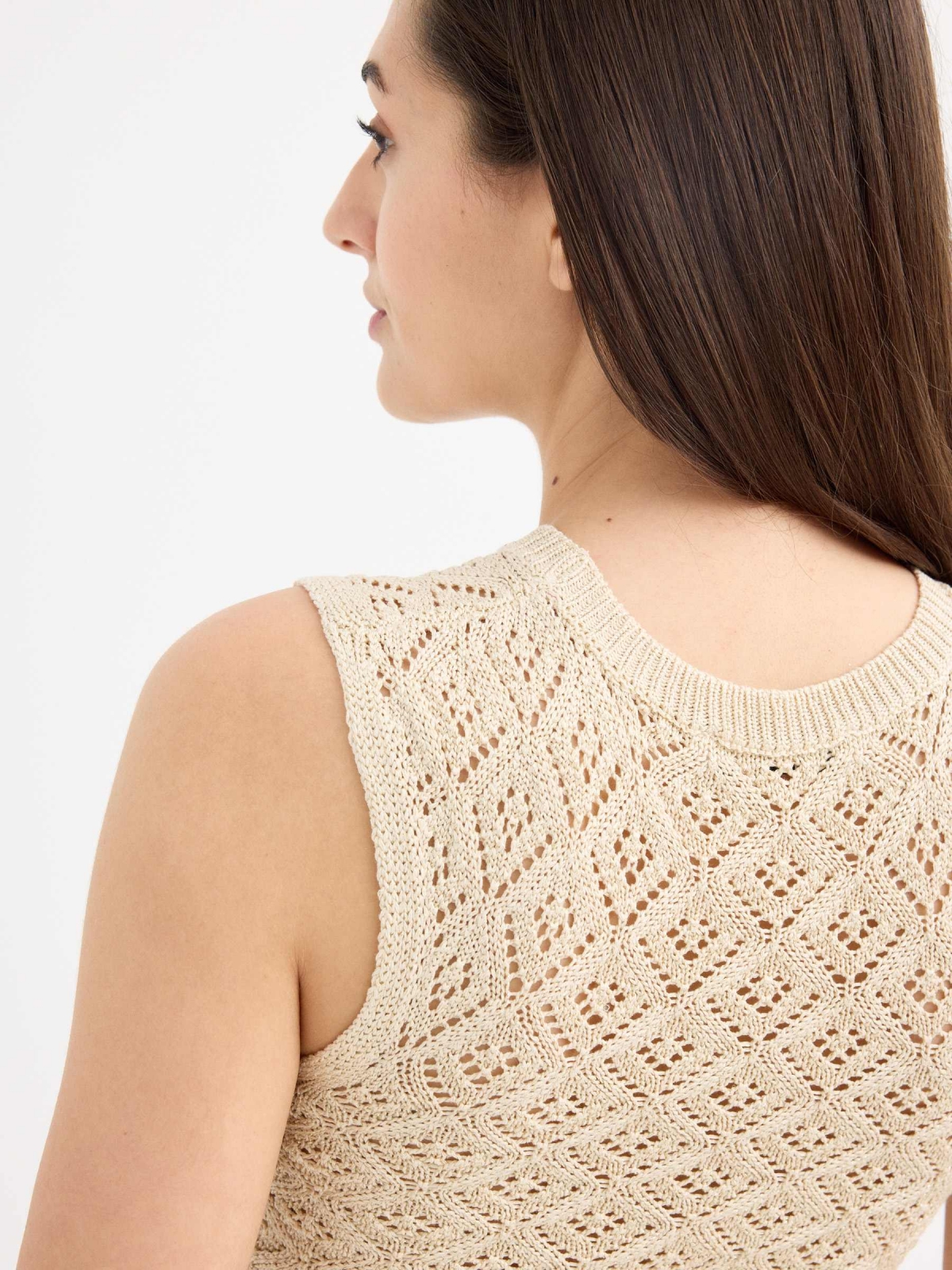 Metallic crochet sleeveless top sand detail view