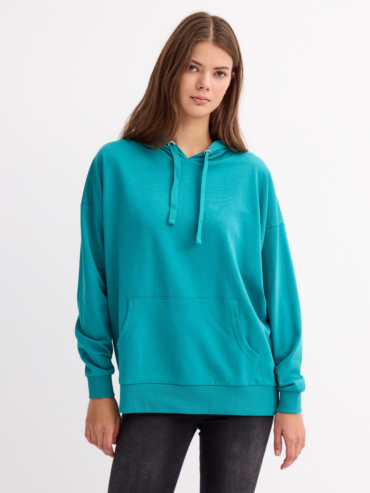 Basic kangaroo sweatshirt water green middle front view