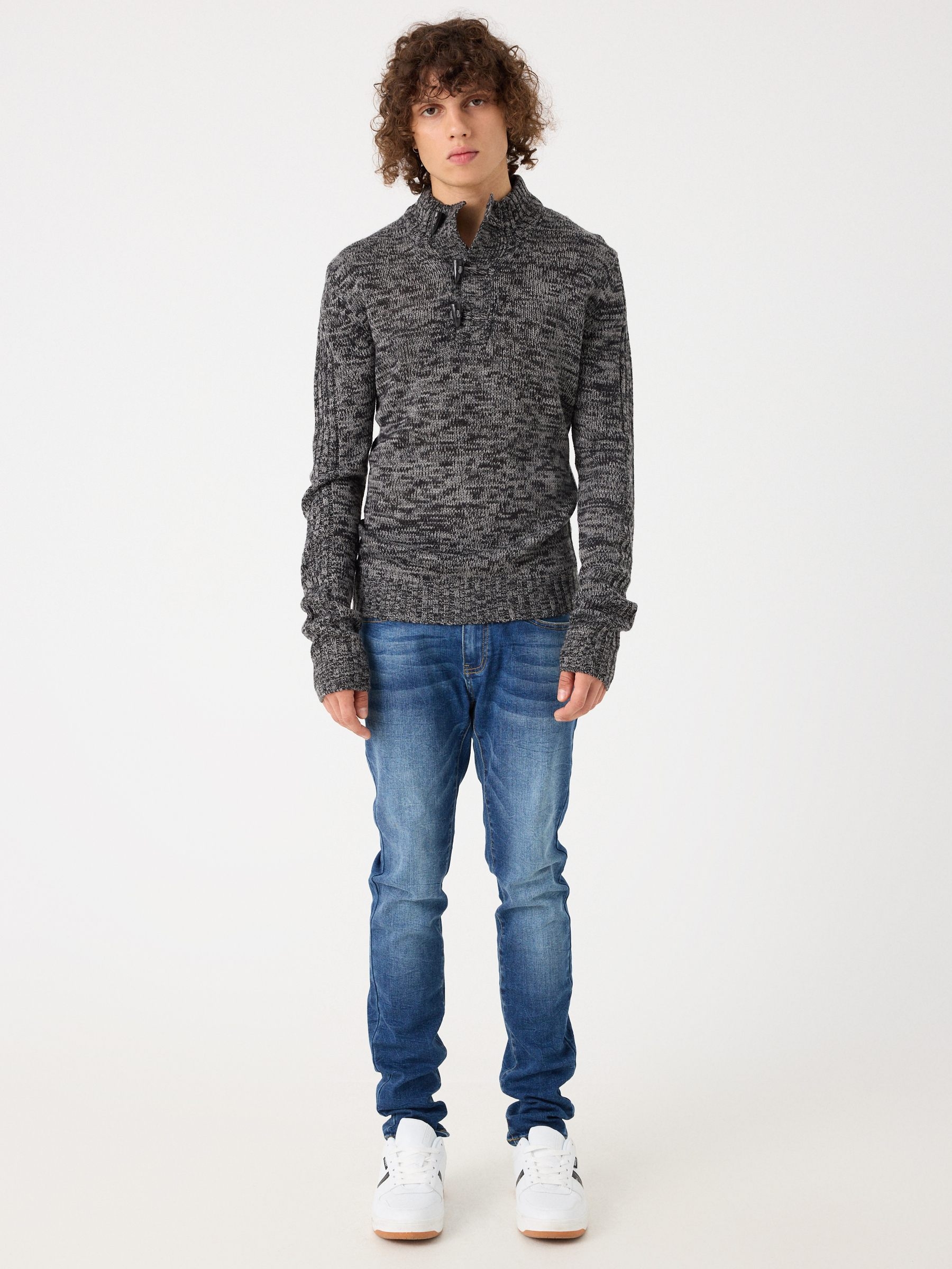 Fleece turtleneck sweater dark grey middle front view