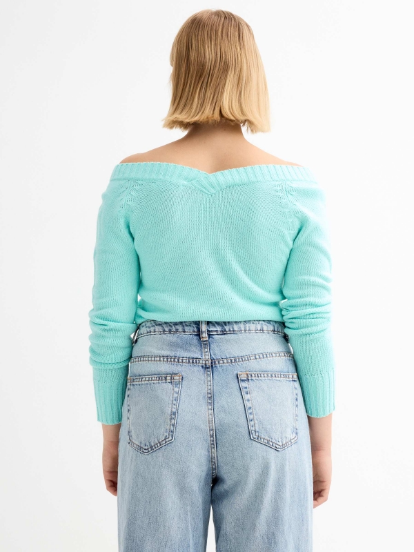 V-neck marbled sweater cyan middle back view