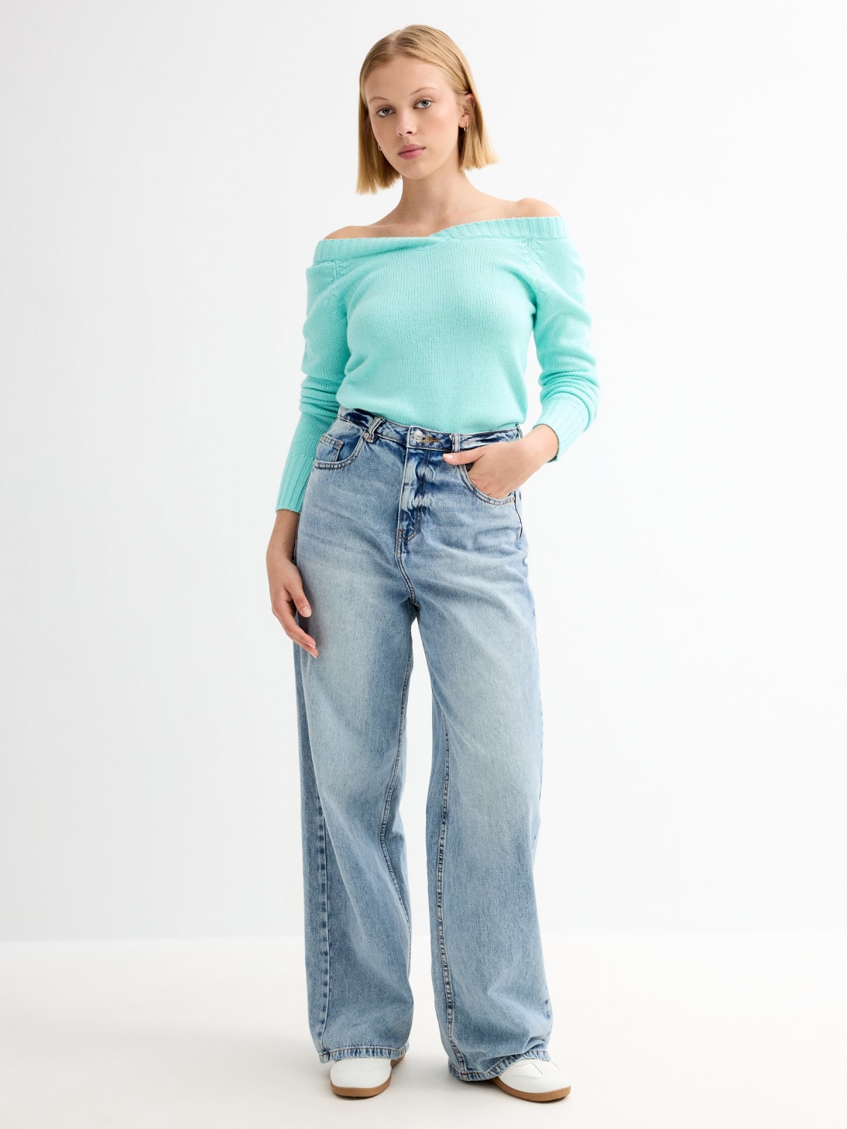 V-neck marbled sweater cyan general front view