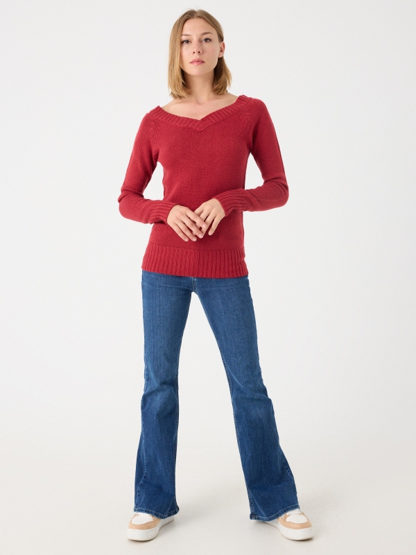 V-neck marbled sweater garnet front view