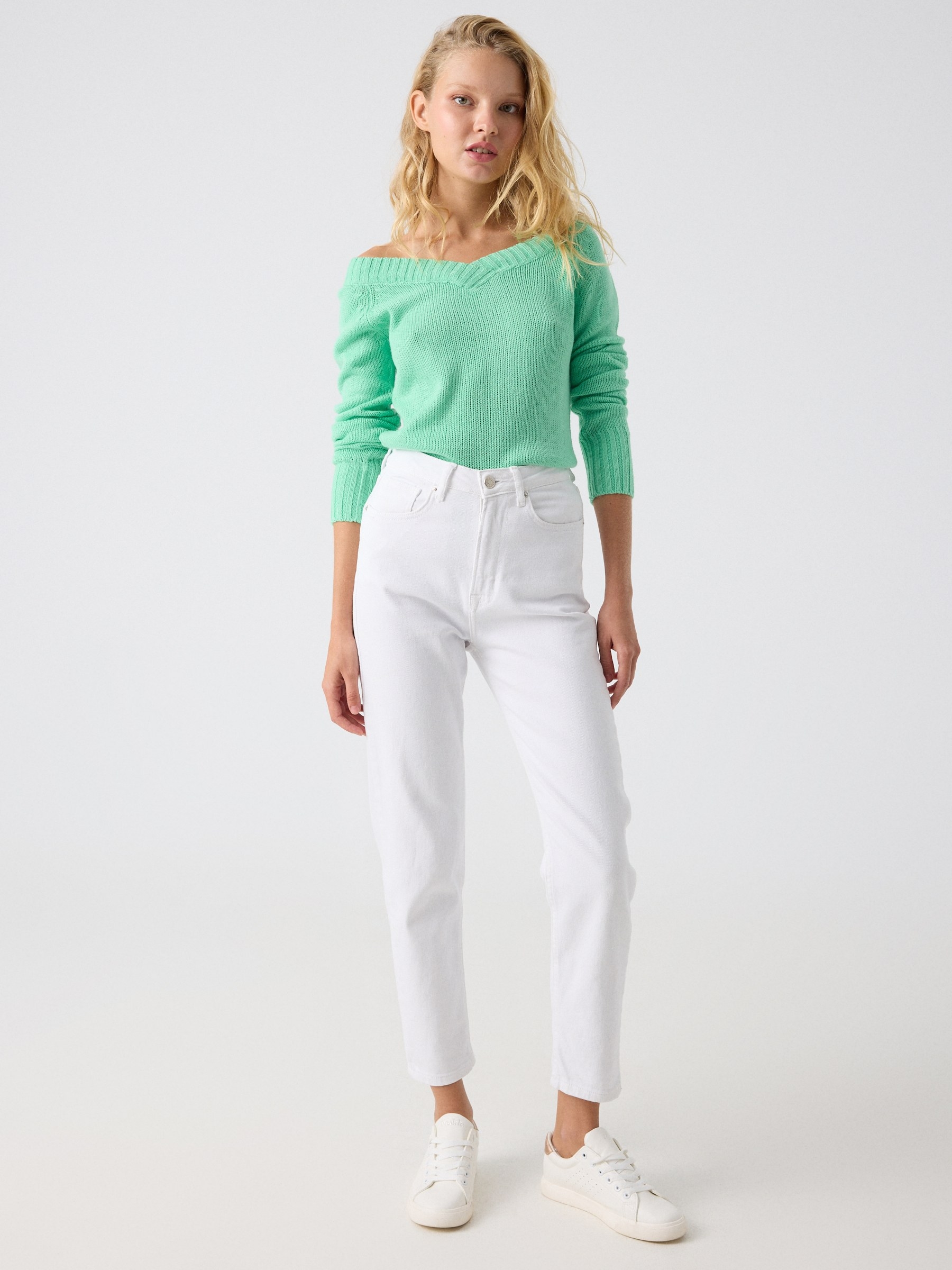 V-neck marbled sweater green middle front view
