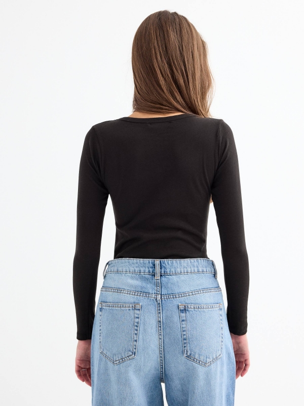 V-neck T-shirt with buttons black middle back view
