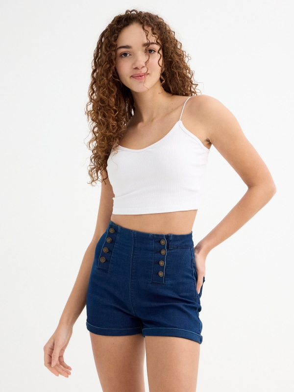 Short denim tiro alto botones azul vista media frontal