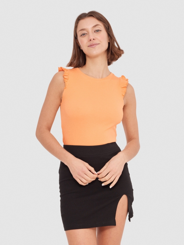 Ruffled sleeve shirt orange middle front view