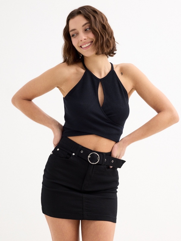 Crossed halter top black middle front view